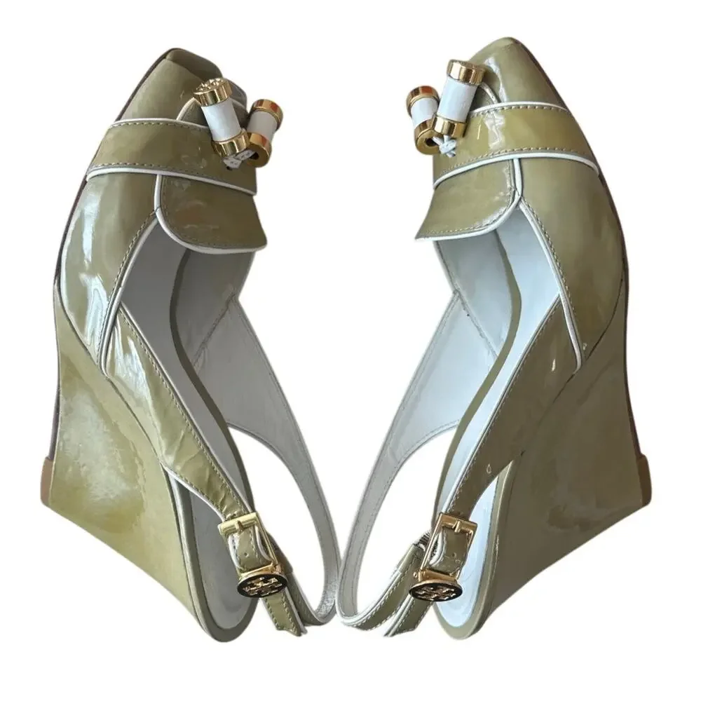 Tory Burch Ella Wedge Slingback Peep Toe Patent Sandals 7